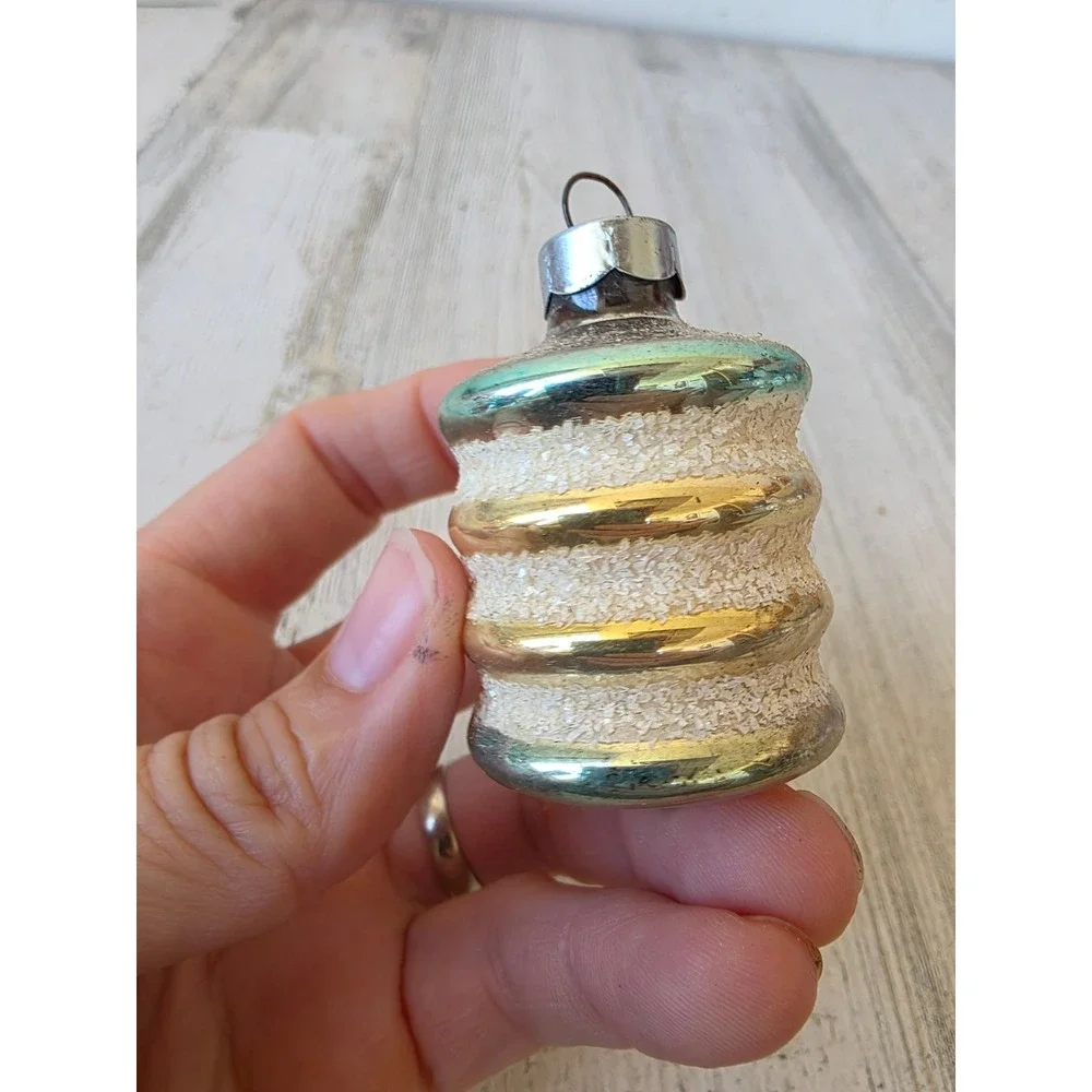 Vintage shiny Brite barrel Mica green mercury glass ornament made in USA Xmas